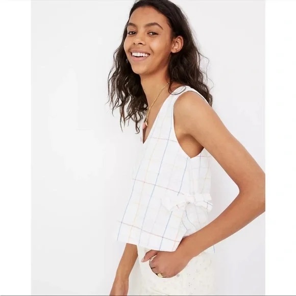 Madewell Small Side-Tie Tank Top in Windowpane, White Multicolor Plaid, Bows - Picture 3 of 8